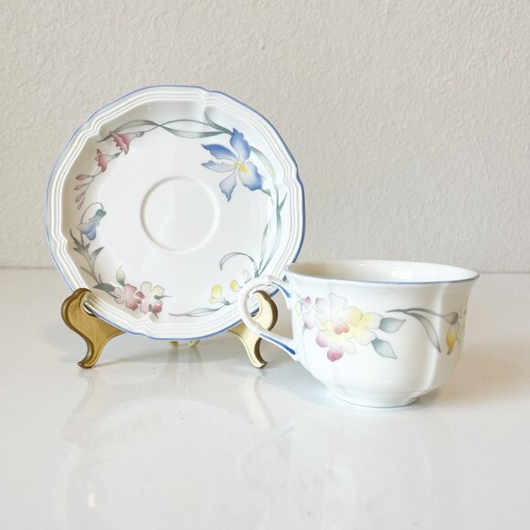Set of 4 Villeroy & Boch RIVIERA Flat Coffee Cup & Saucer Vintage Dishes Floral - Picture 7 of 9